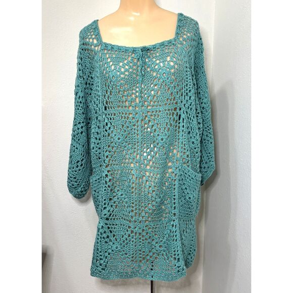 Hand Crochet Womens Tunic Sweater Swimsuit Cover Granny Square Hippie Boho - Picture 1 of 5